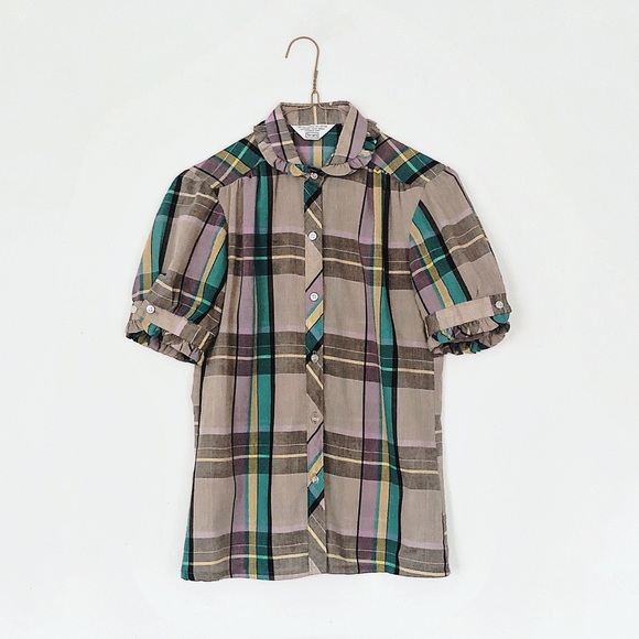 Vintage Tops - adorable peter pan collar + ruffled sleeves - plaid vtg 70s blouse
